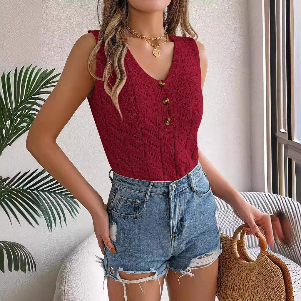 HNXC Summer Solid Color Button V-neck Cuffed Sleeveless Top Vacation Knitted Sweater Women's Wear
