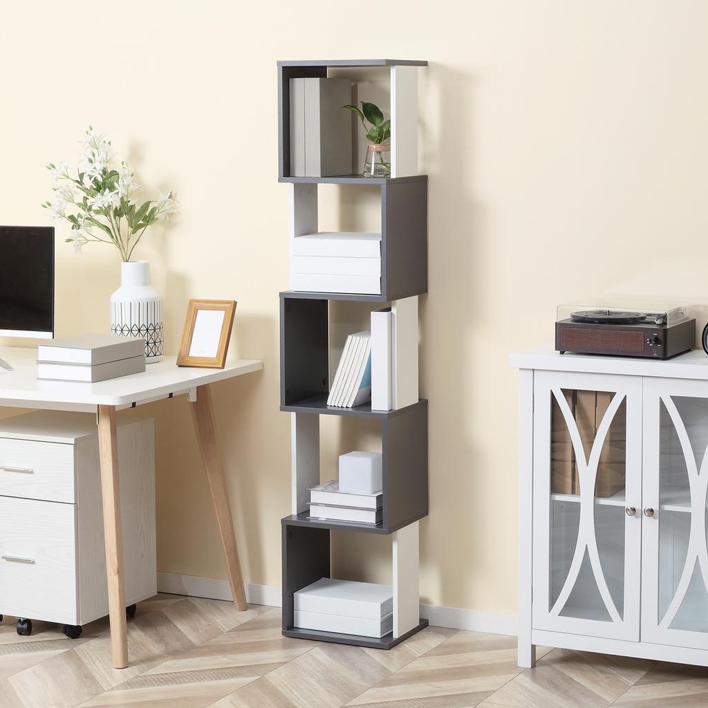 Modern Space-Saving Bookcase with 5 Shelves in Wood, 33x28x161cm, Grey and White
