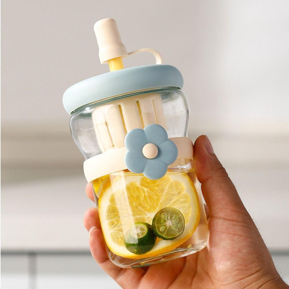 Flower Patch Straw Cup Portable Water Bottle Cartoon Glass Water Cup for Boys and Girls