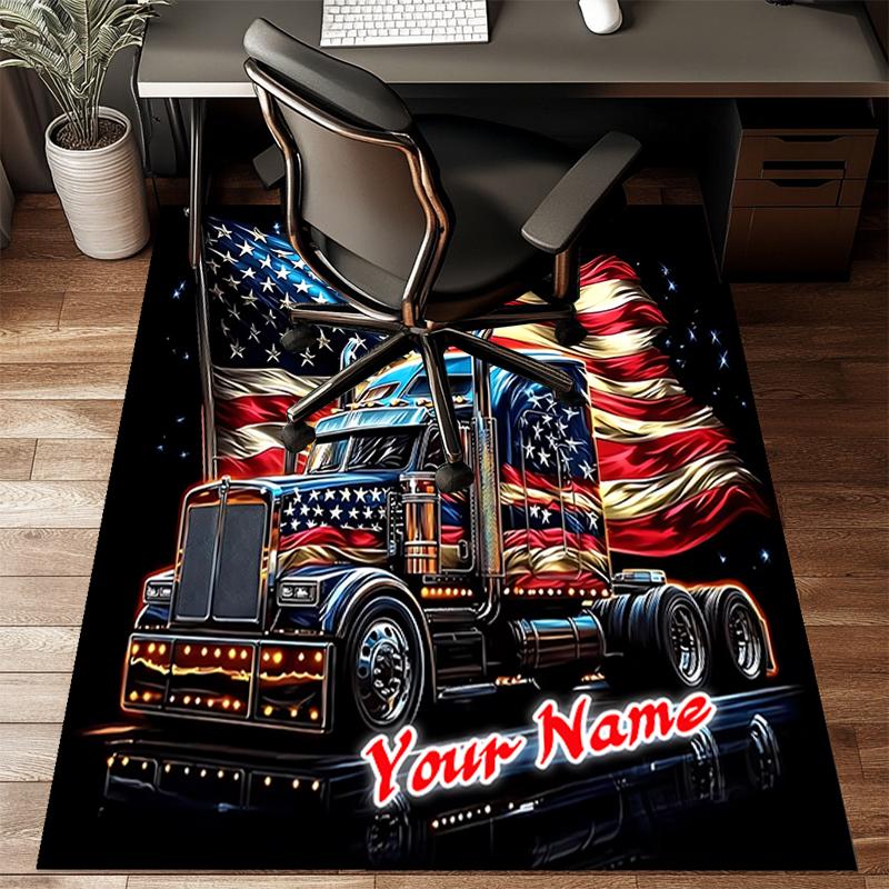 1PC Custom Name American Flag Truck Art Theme Floor Mat Ideal for Living Room, Game Rooms, Office, Bedroom, Floor Mat Playful Design