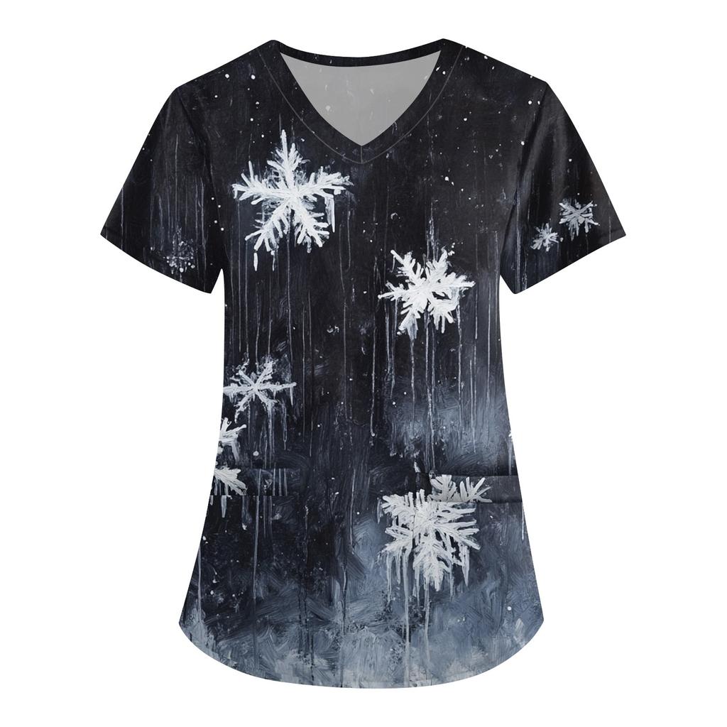 Женская симпатичная рабочая одежда с принтом, V-образным вырезом, двухслойными карманами, базовым коротким рукавом, пуловером на Рождество