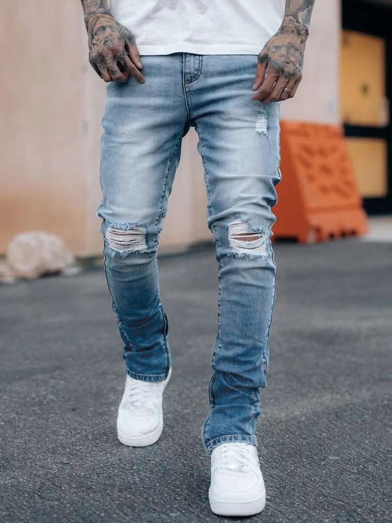 Foot Open Zipper High Quality 4 Color Water Ripped Jeans Men'S Straight Trousers