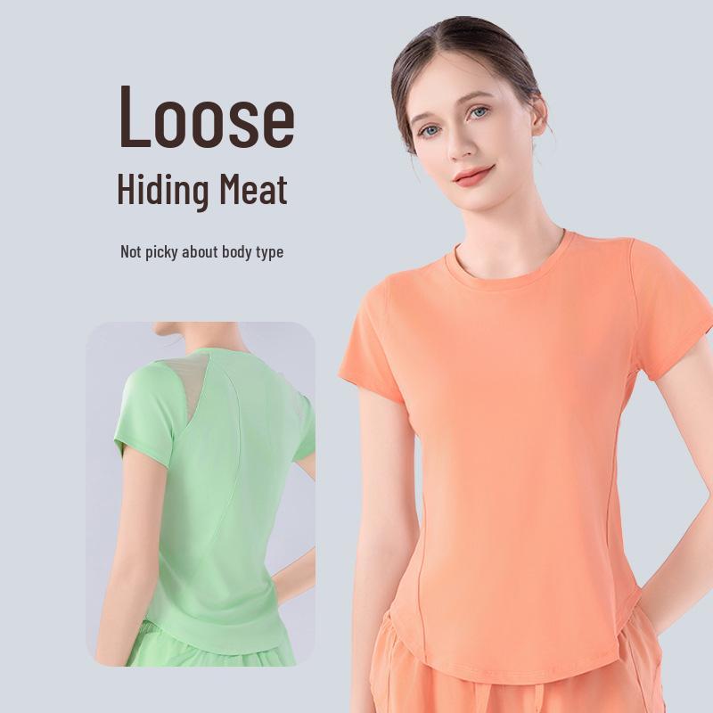 Женский летний быстросохнущий спортивный комплект из сетки: Дышащий топ с коротким рукавом свободного кроя для бега, тренировок и йоги