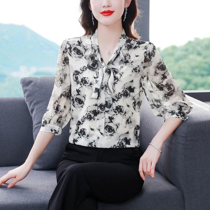 Рубашка из шифона с рукавами семь минут, цветочные узоры, женские весенние и летние новые модные топы, женская свободная универсальная рубашка