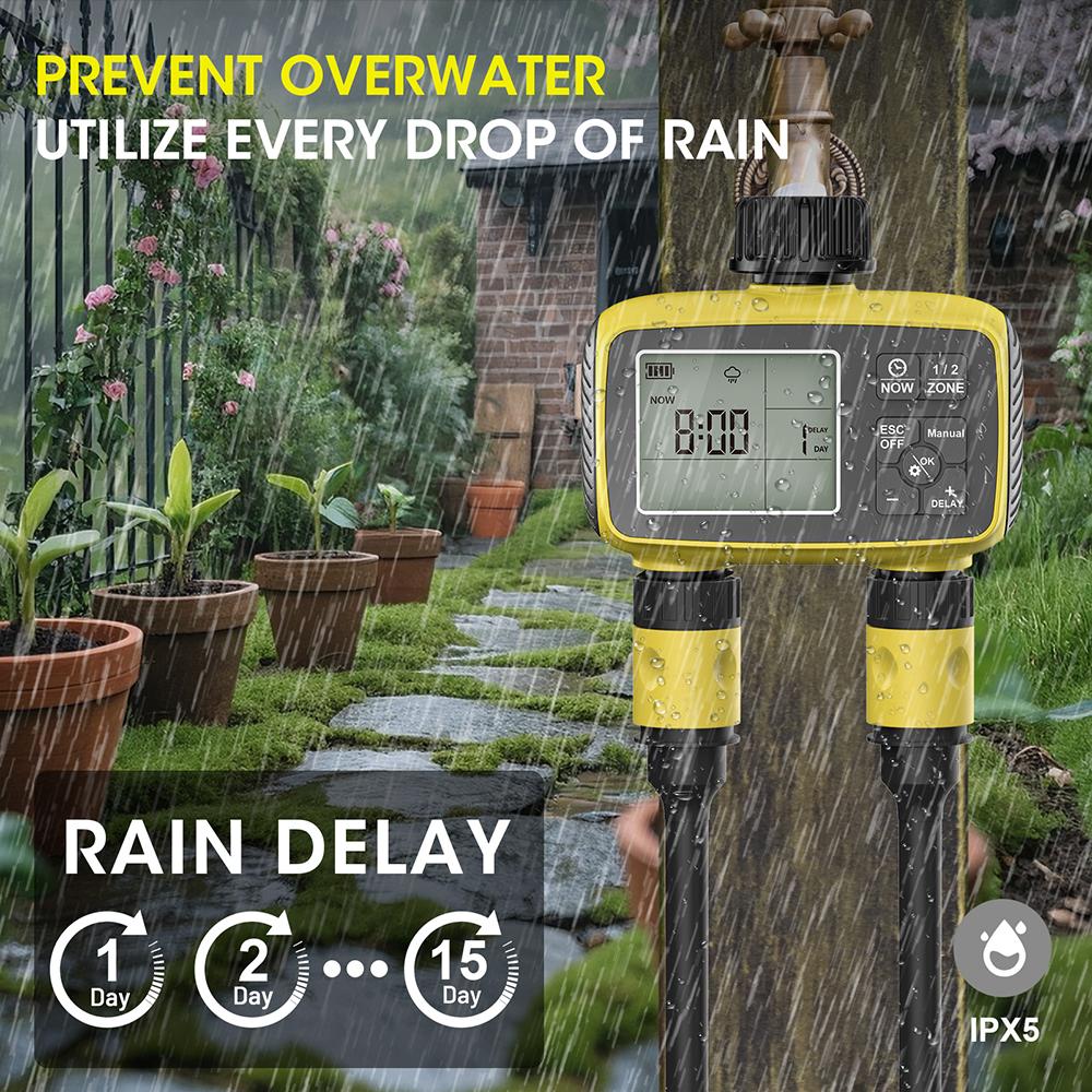 2 Zone Garden Irrigation Timer Large Screen Display Water Timer IPX5 Irrigation Timing Control System Automatic Watering Device