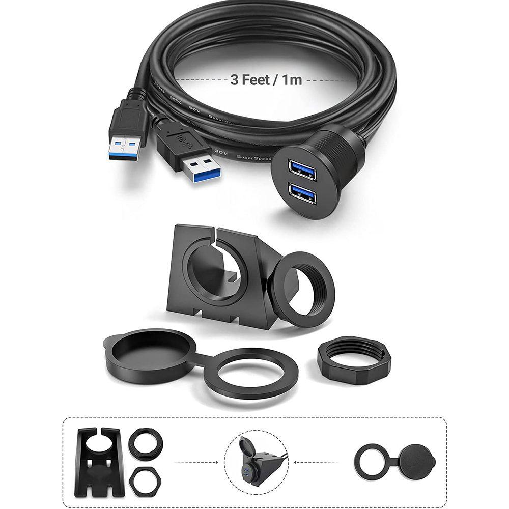 Boat Motorcycle Dual Ports Round USB 3.0 Car Dashboard Extension Cable Panel Flush Mount