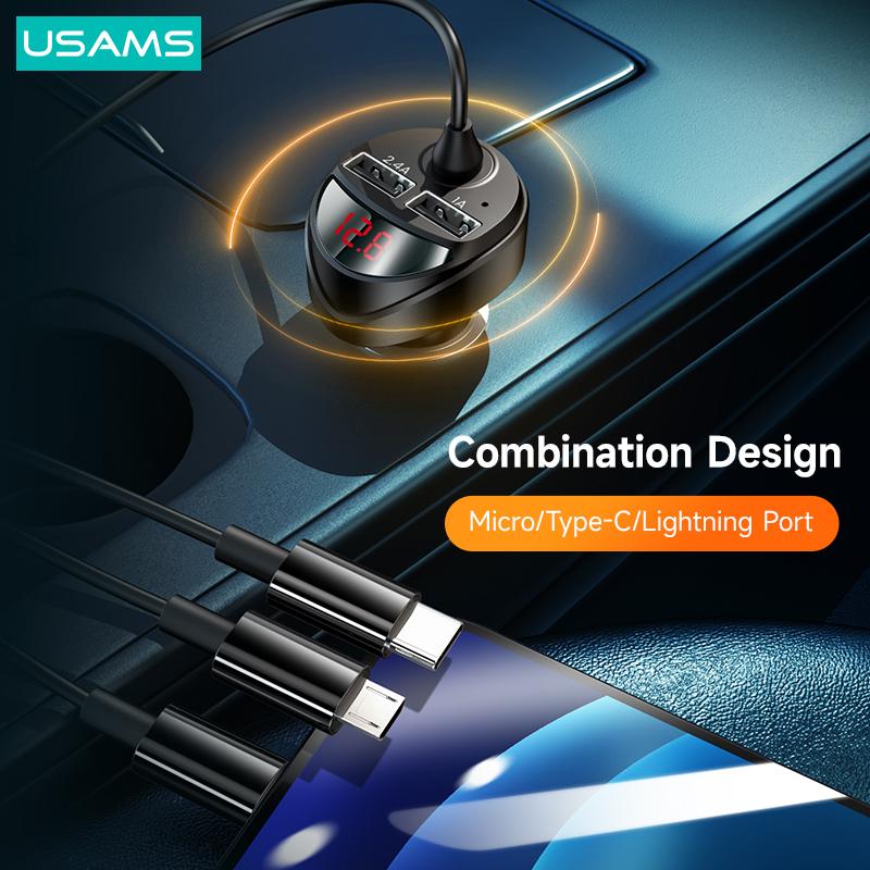 USAMS 3.4A Автомобильное зарядное устройство со светодиодным цифровым дисплеем и кабелем 3 в 1, зарядное устройство для телефона с двумя USB-портами для iPhone iPad, Xiaomi, Huawei, Samsung, планшета