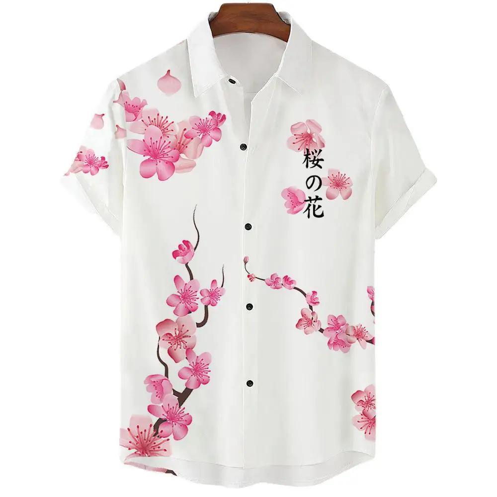 Japanese Aesthetic Cherry Blossom Print Men's Shirt Fashionable Luxury Lapel Button-down Shirt Casual Short-sleeved Tops