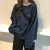 Korean Thin Crewneck Sweatshirts Spring Autumn Kpop Letters Oversized Hoodie Fashion Cool Navy Blue Gray Hoodies Women Clothes