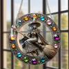 Halloween Witch Flying Broom Suncatcher Faux Crystal Magic Witch Wall Art Decor Acrylic Stained Glass Window Hanging Sun Catcher for Home Decor
