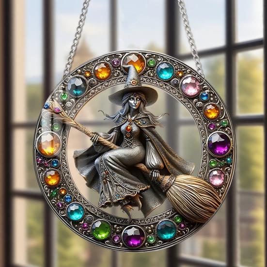 Halloween Witch Flying Broom Suncatcher Faux Crystal Magic Witch Wall Art Decor Acrylic Stained Glass Window Hanging Sun Catcher for Home Decor