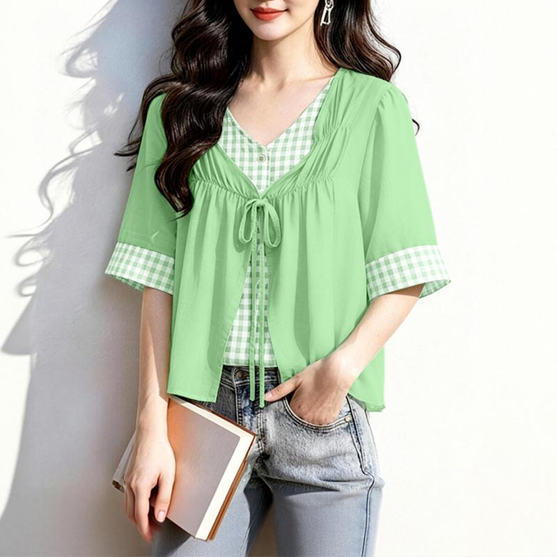 Grid Print Zanzea Women Splice Vneck Casual Short Sleeve Blouse