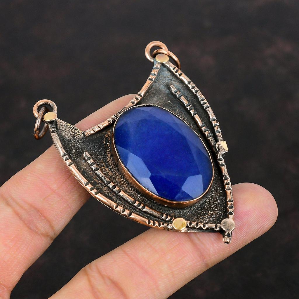 Ограненный Синий Сапфир Подвеска Медный Подвеска Подвеска из Натурального Драгоценного Камня Ювелирные Изделия Ручной Работы Подвеска Новейшего Дизайна Медные Ювелирные Изделия Подарок На Годовщину