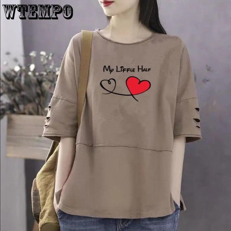 Loves Print Pattern Свободная футболка Хлопковый материал Женский топ с короткими рукавами и круглым вырезом Ретро Литературный стиль Простой повседневный Harajuku Для поездок на работу Лето