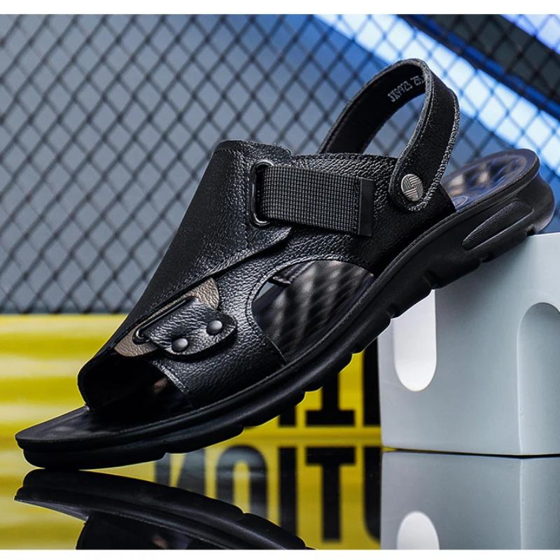 Модная мужская двухцелевая кожаная мужская летняя модная пляжная обувь с мягкой подошвой и цельнолитыми сандалиями для ношения на улице