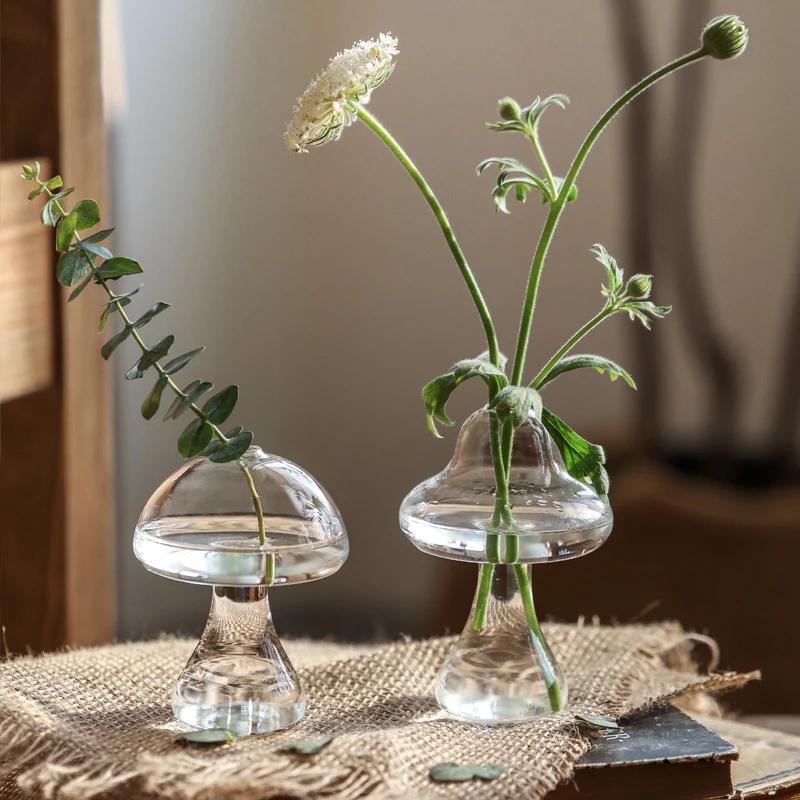 Mushroom Glass Vase Transparent Flower Bottle Small Vase Hydroponic Flower Pot Aromatherapy Bottle Office Desktop Ornament