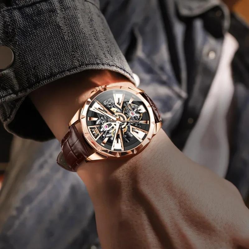 Роскошные мужские часы Водонепроницаемые Светящиеся Многофункциональные Автоматические Механические часы Часы-скелетоны