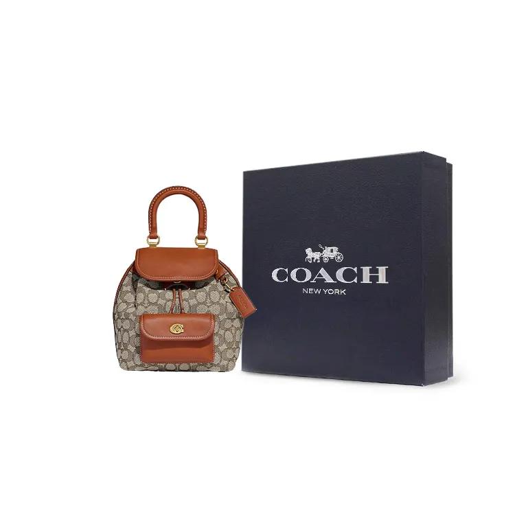 COACH Riya Fabric Leather Backpack Medium Women's Tan (Unisex) Backpacks CH591 B4TA7