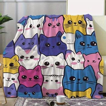 Colorful Cat Print Flannel Blanket - Soft Warm Throw, Vintage Style,Machine Washable