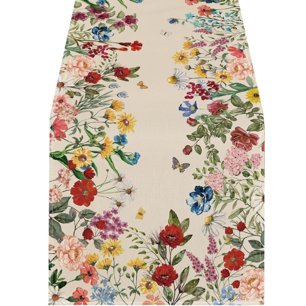 Vintage Linen Table Runner Flower Printed Tablecloth Home Decoration Table Cover  Table Decor
