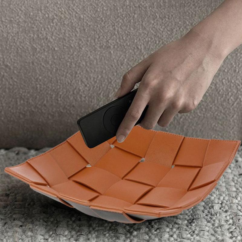 Поднос для ключей Поднос из искусственной кожи для ключей и кошелька Плетение Туалетная корзинка Органайзер для стола Эстетика для туалетного столика