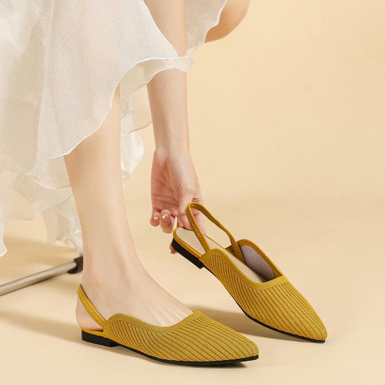 Женские летние туфли большого размера с острым носком и плоской подошвой, повседневные однотонные вязаные сандалии с открытым носком, размер 34-43