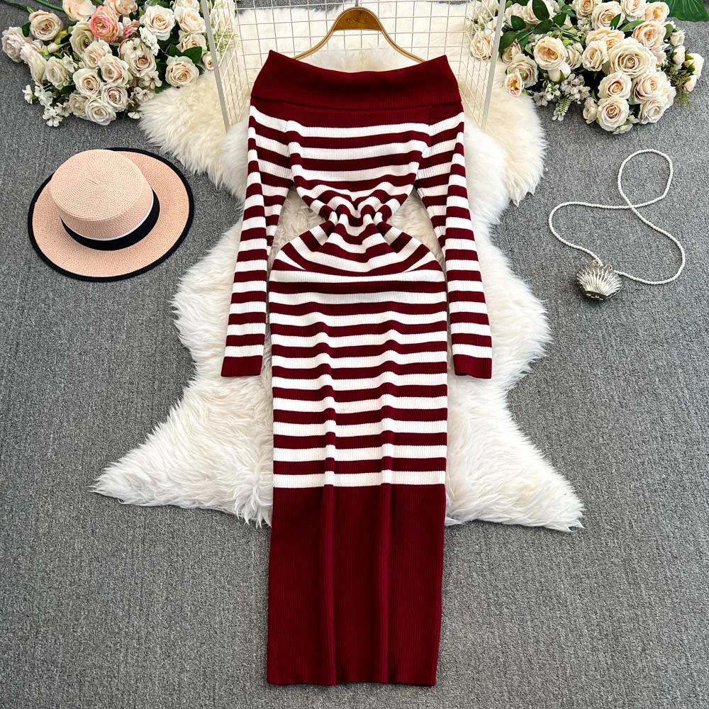 Платье-футляр с открытыми плечами Falda Sexy Mujer Slash Neck Striped Color Block Slim Knitted Bodycon Dress Autumn Wrapped Dresses ChicDresses