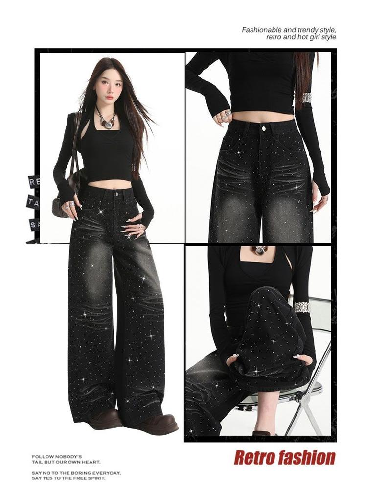 Full Sky Star Hot Diamond Design Wide Leg Trendy High Waist Jeans for Women