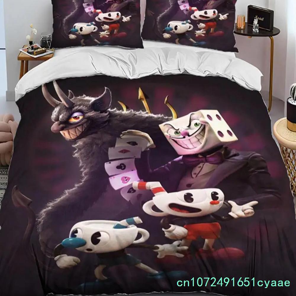 Комплект постельного белья с изображением мультфильма «Cuphead And Mugman» для мальчиков и девочек, двуспальный пододеяльник, наволочка, детская кровать, для взрослых, домашний текстиль