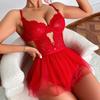 Кружевной сексуальный комплект нижнего белья Женский комплект из 2 предметов Красное боди с открытой спиной Сетчатое бальное платье Бант Трусики Интимные товары День святого Валентина Эротическое нижнее белье