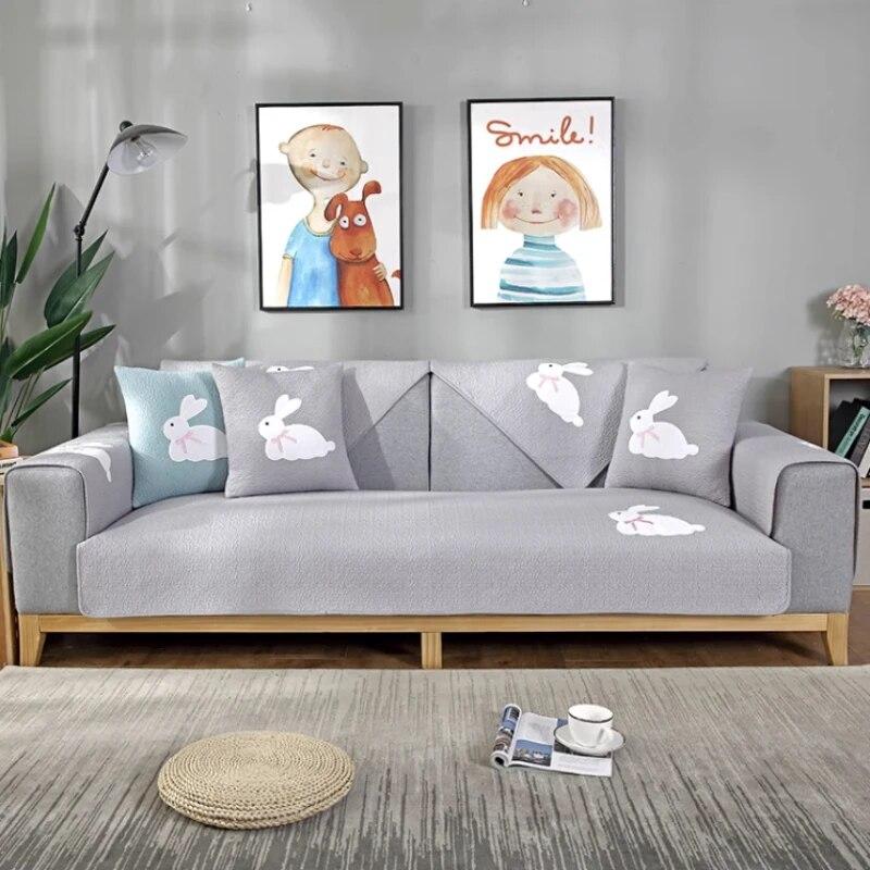 Modern Simple Couch Cushion Comfortable Dustproof Non Slip Rabbit Print Sofa Towel Versatile Living Room Rabbit Decor Mats