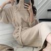 Women Dress High Waist Cold Resistant Windproof Women Solid Belt Pullover Knitted Sweater Midi Dress for Outdoor