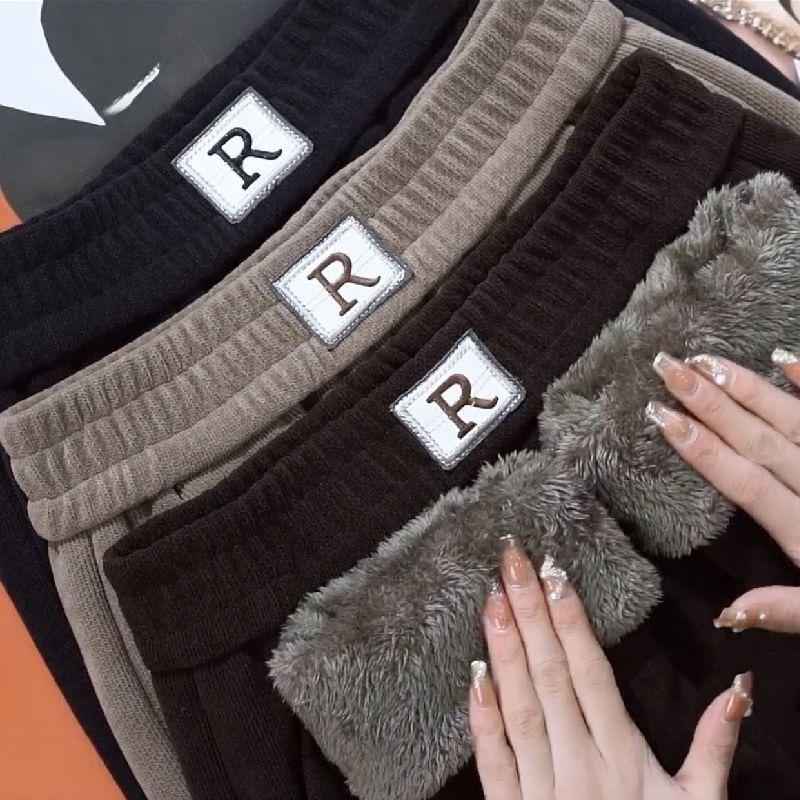 Эластичные теплые брюки с высокой талией для женщин, свободные повседневные прямые брюки с карманами и буквами