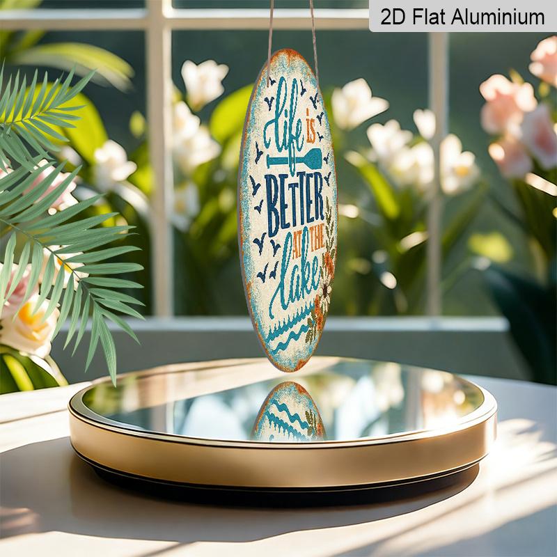 2D Flat, 1pc Round "Life Is Better At The Lake" Aluminum Hanging Sign, Vintage Lake House Paddle Flower Design, Rustic Metal Wall Decor, Perfect for