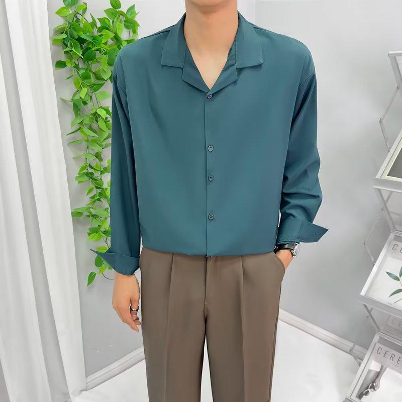 Мужская модная рубашка с длинными рукавами и кубинским воротником из ледяного шелка — свободная, повседневная, стильная для весны и осени