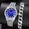 Glamorous 2pcs Set: Rhinestone Quartz Watch With Alloy Strap & Bracelet - Shockproof, Swiss Movement, Analog Display For Men