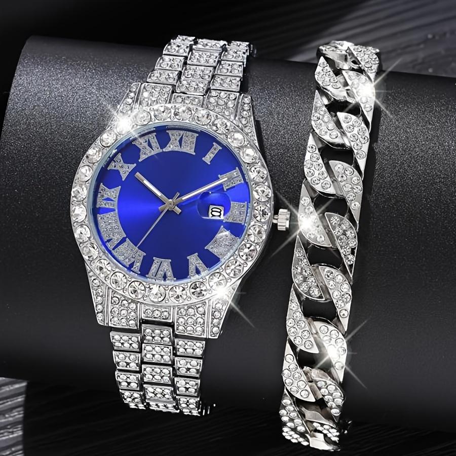 Glamorous 2pcs Set: Rhinestone Quartz Watch With Alloy Strap & Bracelet - Shockproof, Swiss Movement, Analog Display For Men