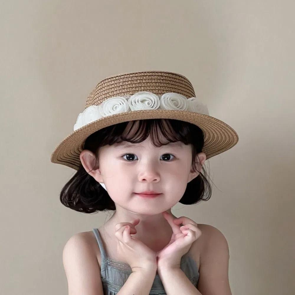 Summer Baby Straw Caps French Children Sun Hat Trendy Flower Lace Straw Hat for Kids