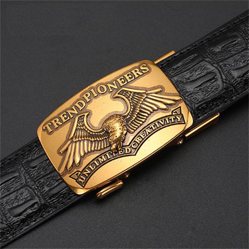Men's Leather Belt with Automatic Buckle, Genuine Leather, Bronze Buckle, Faucet for Middle-aged and Young Business Casual Pants