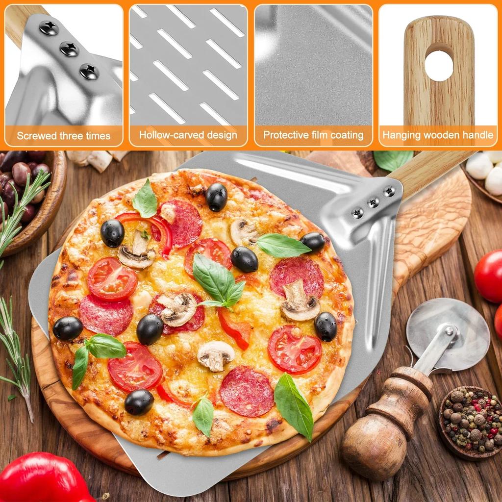 Pizza Shovel 12inch Metal Non-Stick Pizza Peel with Wood Handle Cake Lifter Transfer Tray for Homemade Baking Pizza Bread