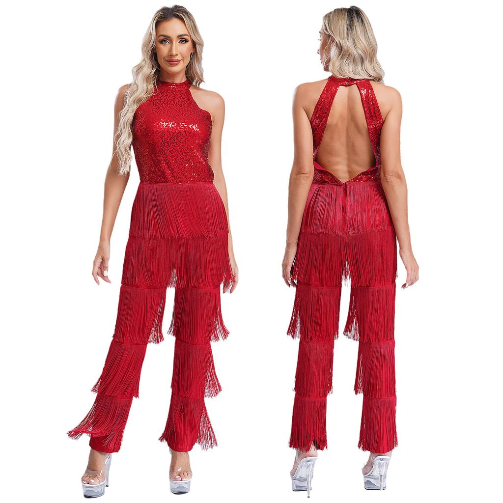 Women Sleeveless Jazz Costume Flowy Tassel Rompers Performance Dancewear Fringe Jumpsuit Tango Cha-Cha Samba Dancing Party Dress