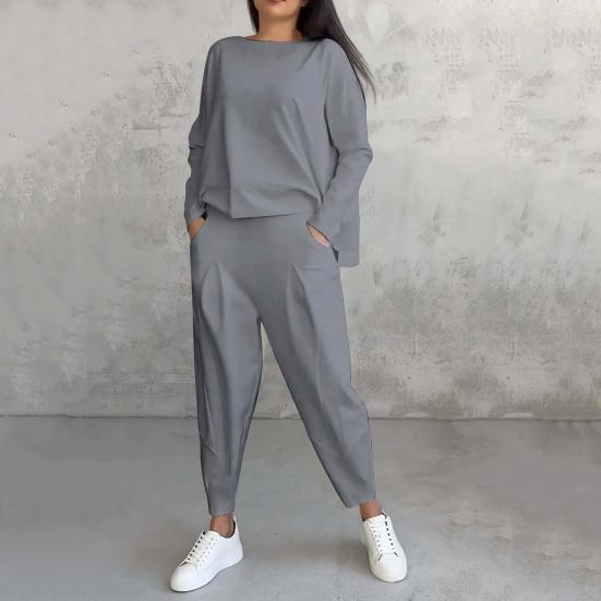 2 шт./комплект женский топ брюки костюм круглый вырез длинный рукав сплошной цвет