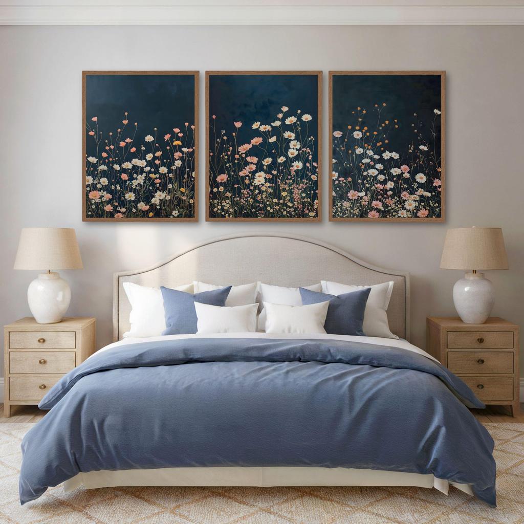 Dark Wildflowers Print Set of 3 Botanical Landscape Navy Blue Wall Art Wildflower Field Printable Modern Farmhouse Wall Decor