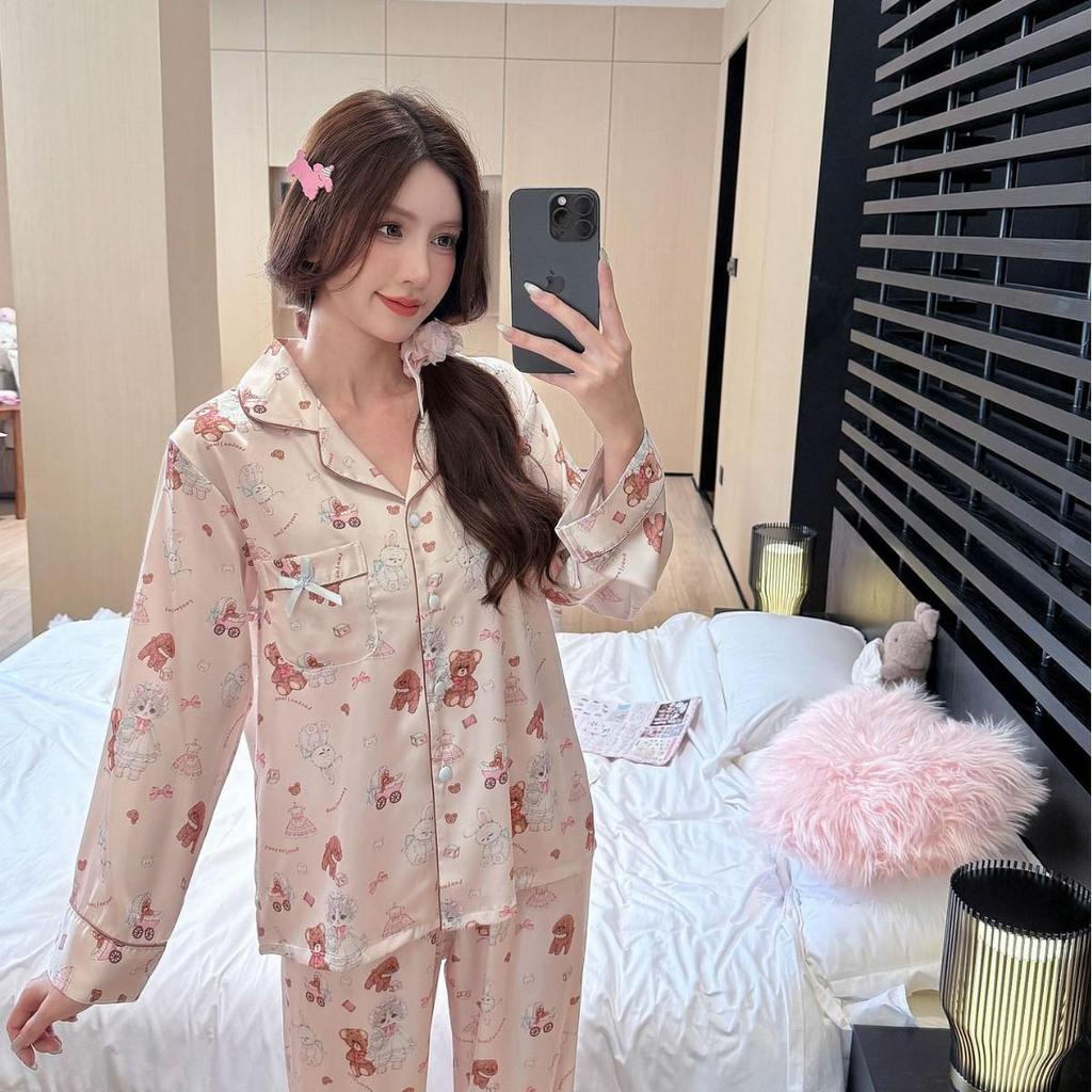 2025 Spring & Autumn Women's Cute Bear Long Sleeve Cardigan Pajama Set | Ins Internet Style