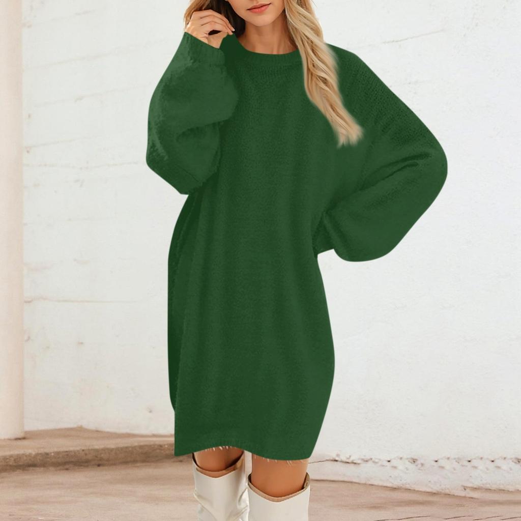 Women's Round Neck Casual Long Sleeve Plush Solid Color Dresses