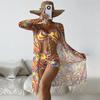 Swimsuit Women's Split Three Piece Set High Waist Long Sleeve Ins Overshirt Drawstring Printed Bikini Suits