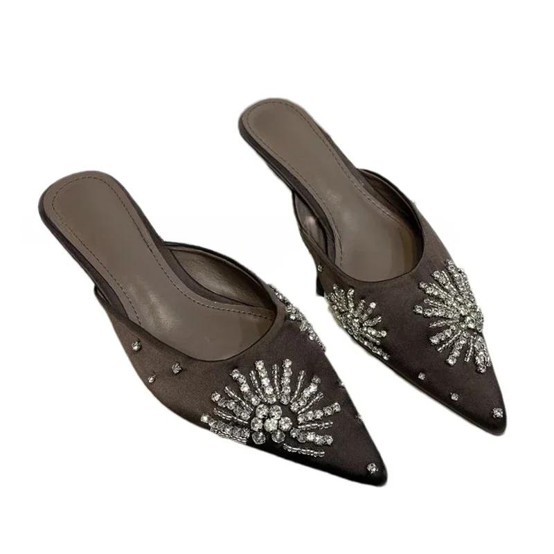 Модные хрустальные туфли-мюли на каблуке с острым носком, элегантные босоножки на каблуке, летние шлепанцы для вечеринок 2025, новая роскошная женская обувь