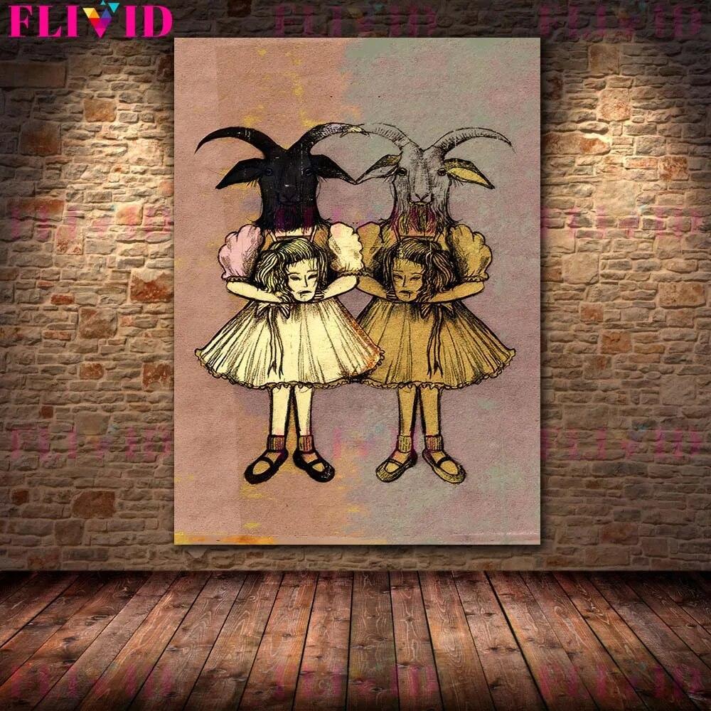 Кровожадный ягненок и змея, сова, винтажное ужасное животное, настенное искусство, холст, картина, сова и коза, человек, абстрактный плакат с принтом, декор без рамки