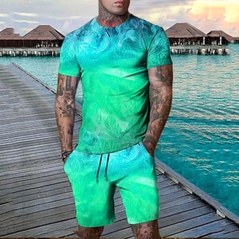 Мужские комплекты из 2 футболок с графическим рисунком листьев и растений, комплекты футболок с коротким рукавом и круглым вырезом, дизайнерские, удобные, для активного отдыха, весна и лето