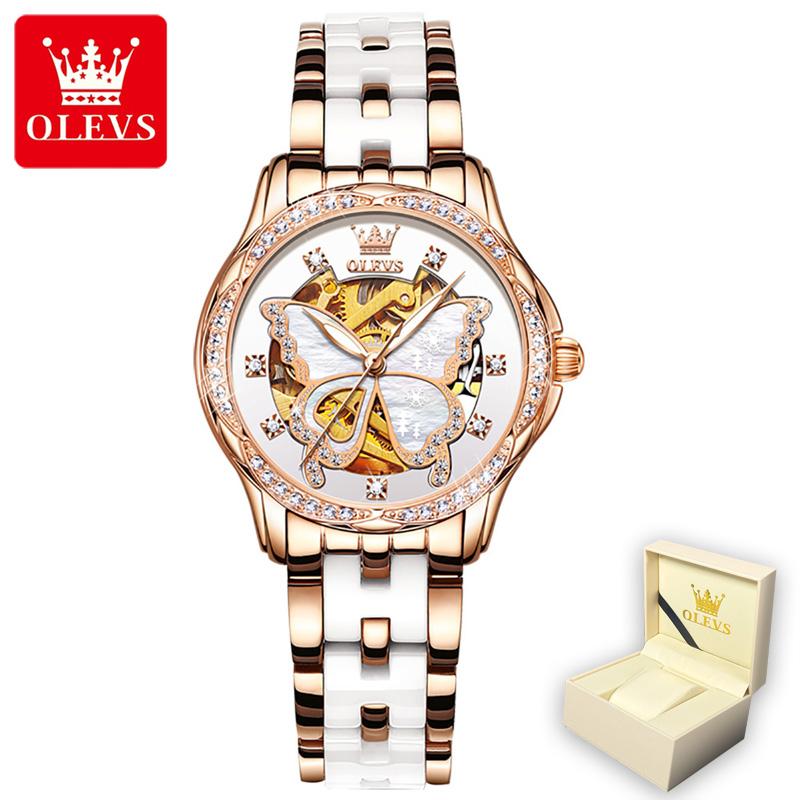 OLEVS 6622 с подарочной коробкой Часы Кожаные часы с водонепроницаемыми автоматическими механическими часами Женские часы